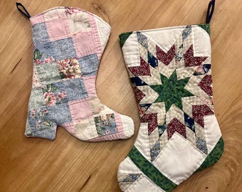 Handmade Upcycled Vintage Quilt Western Cowboy Boot Holiday Stocking
