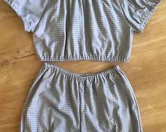 Handmade Upcycled Gingham Ruffle Bloomer Shorts and Top Matching Set
