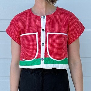 Handmade Vintage Strawberry Quilt Top Jacket with Short Sleeves image 2