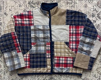 Handmade Patchwork Quilt Chore Coat Jacket with Snaps and Pockets