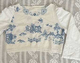 Handmade Upcycled Vintage Linen Puff Sleeve Top