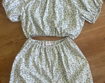 Handmade Upcycled Floral Ruffle Bloomer Shorts and Top Matching Set