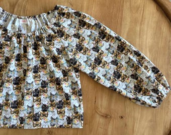 Handmade Cat Print Cotton Puff Sleeve Top