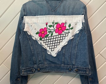 Upcycled Vintage Denim Jean Jacket with Fringe and Floral Patch