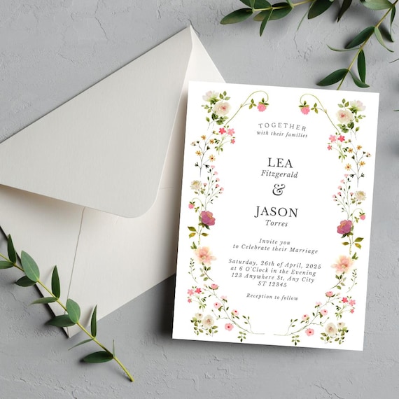 Pink Floral Wedding Invitation, Digital Download Wedding Invite