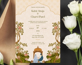Indian Wedding Invitation, Indian Wedding Template, Green and Gold Wedding Invite, Editable Indian Wedding Invitation