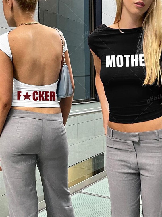 Badass Backless Mother Fcker Tee, Y2K Fashion Letter Print Shirt 