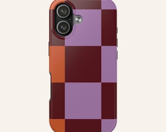 Funda resistente para teléfono con diseño de tablero de ajedrez y bloques de color / Morado, burdeos y naranja