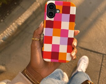 Funda para teléfono con estampado de tablero de ajedrez / Naranja, morado y rosa / Funda resistente de doble capa para iPhone