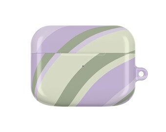 Funda para AirPods color verde lavanda con diseño de ondas y estampado abstracto en espiral.
