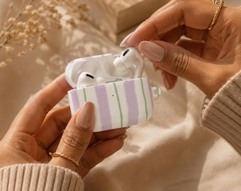 Funda para AirPods a rayas lavanda y verde / Funda para AirPods a rayas pastel