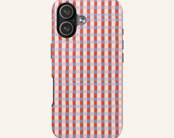 Funda para teléfono con estampado de cuadros vichy naranja y azul / Funda protectora de doble capa
