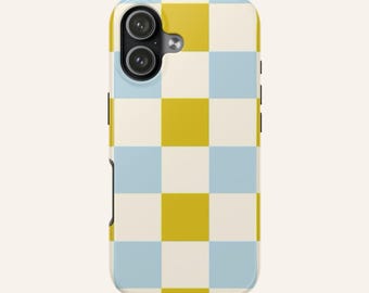 Funda resistente para teléfono con estampado retro de tablero de ajedrez / Cuadrícula azul y amarilla