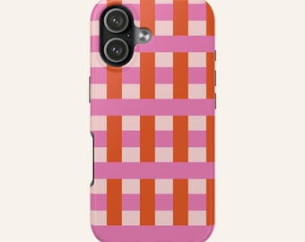 Funda resistente para teléfono con estampado a cuadros rosa y naranja / Patrón geométrico a cuadros