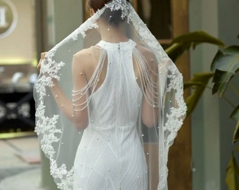 Velo Da Sposa A Uno Strato Con Pettine – Pizzo E Finte Perle – Modello Cattedrale B24 Fatto A Mano