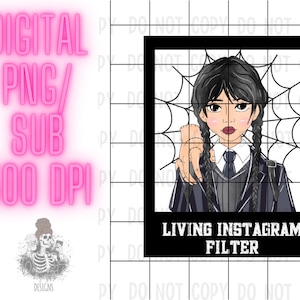 Peut inclure: Illustration numérique d'une fille aux cheveux noirs en tresses portant un uniforme scolaire noir et bleu. Elle se tient devant une toile d'araignée avec une main qui sort de la toile. L'image est dans un cadre noir avec le texte "LIVING INSTAGRAM FILTER" en bas.