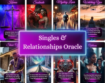 May include: A set of 10 oracle cards with colourful illustrations and text. The cards are titled "Karma", "Soulmate", "Mystery Lover", "Watching You", "Show Off", "I'm Done With The Loneliness", "Your Not Open To Love", "Options", "Singles & Relationships Oracle".