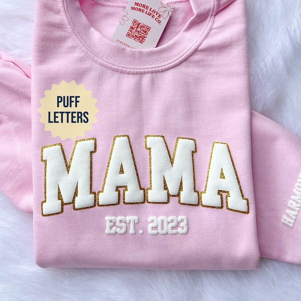 Mama Sweatshirt with Kid Name, Mama Crewneck Sweatshirt, Embossed Mama Sweatshirt, Puff Mama Crewneck, New Mom Gift, Baby Shower Gift ideas