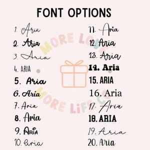 May include: A list of 20 font options for the name "Aria" in various styles, including cursive, bold, and all caps. The list is numbered 1 through 20.