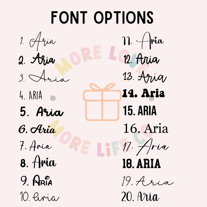May include: A list of 20 font options for the name "Aria" in various styles, including cursive, bold, and all caps. The list is numbered 1 through 20.