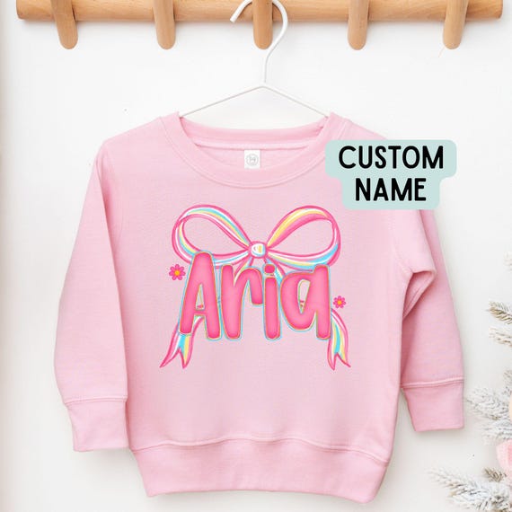 Custom Toddler Name Sweatshirt Preppy Custom Youth Sweatshirt Girls Name Shirt Toddler T-shirt Kids Name Coquette Bow Pink Back to School