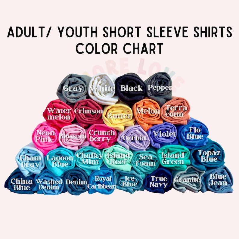 May include: A color chart for adult and youth short sleeve shirts. The chart displays a variety of shirt colors, including gray, white, black, pink, blue, and green. Each color is labeled with its name, such as "Gray", "White", and "Neon Pink".