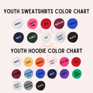 May include: Color chart for youth sweatshirts and hoodies. The chart displays various color options, including white, navy, forest, ash, sport gray, and black. Additional colors include safety pink, red, maroon, royal, gold, orange, light pink, heliconia, carolina blue, purple, and irish green.