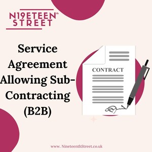 Könnte beinhalten: Grafik mit dem Text "Service Agreement Allowing Sub-Contracting (B2B)". Das Bild zeigt ein Vertragsdokument mit dem Wort "CONTRACT" und einem Stift. Der Hintergrund ist hellbeige mit weinroten Akzenten.