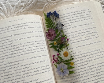 Könnte beinhalten: Eine Nahaufnahme eines geöffneten Buches mit einem gepressten Blumen-Lesezeichen. Das Buch trägt den Titel "Court of Mist and Fury" und der Text auf der Seite behandelt die Unterschiede zwischen der Sterblichen Welt und der Welt von Prythian. Das Lesezeichen zeigt eine Vielzahl von gepressten Blumen, darunter Farne, Gänseblümchen und lila Blumen.