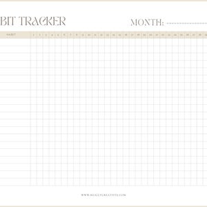 May include: A printable habit tracker with a blank space for the month and a grid with 31 columns for each day of the month and 20 rows for habits.