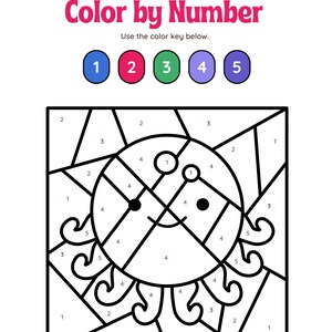 May include: Color by number activity featuring a black and white outline of an octopus with a happy face. The image is divided into sections, each labeled with a number from 1 to 5. The numbers correspond to a color key at the top of the page.