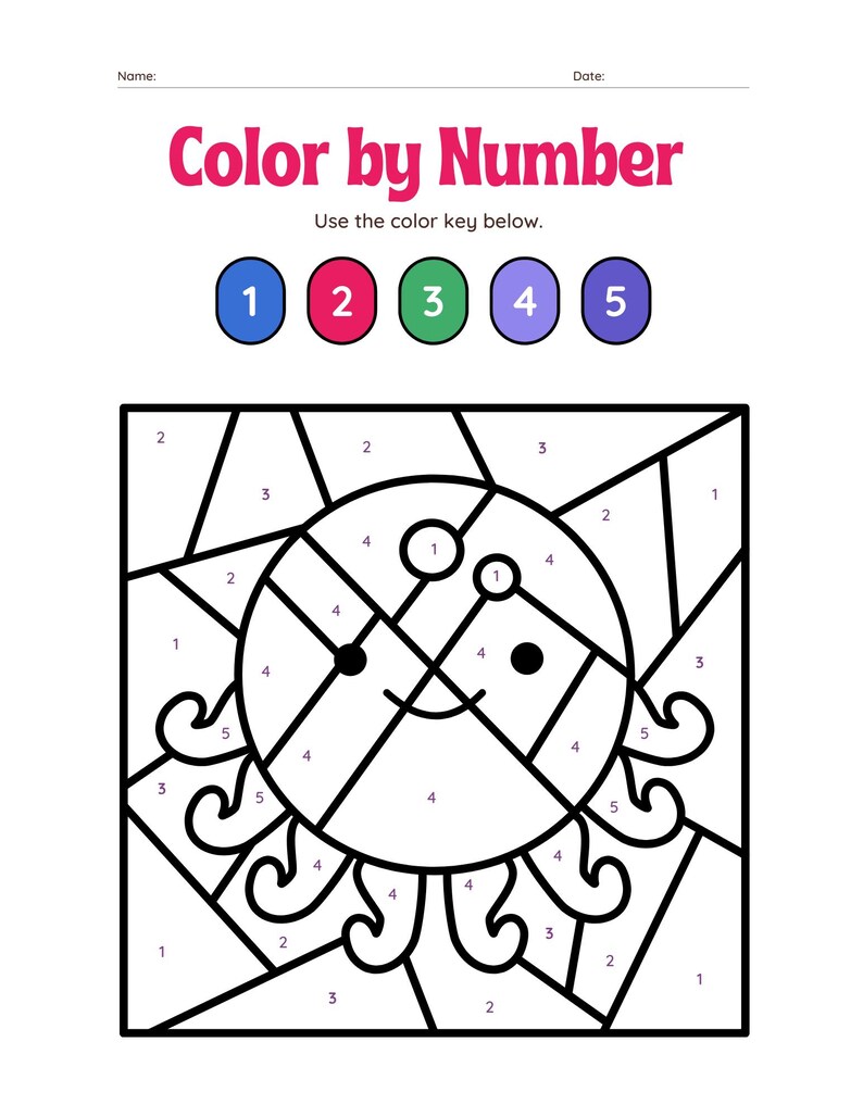 May include: Color by number activity featuring a black and white outline of an octopus with a happy face. The image is divided into sections, each labeled with a number from 1 to 5. The numbers correspond to a color key at the top of the page.