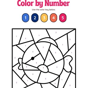 May include: A black and white line drawing of a fish with numbers in each section. The numbers correspond to a color key with five colors: blue, dark blue, yellow, orange, and pink. The image is titled "Color by Number".