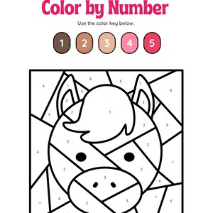 May include: Color by number activity featuring a black and white outline of a horse's head. The image is divided into sections, each labeled with a number from 1 to 5. A color key below the image shows five circles, each filled with a different color, corresponding to the numbers.