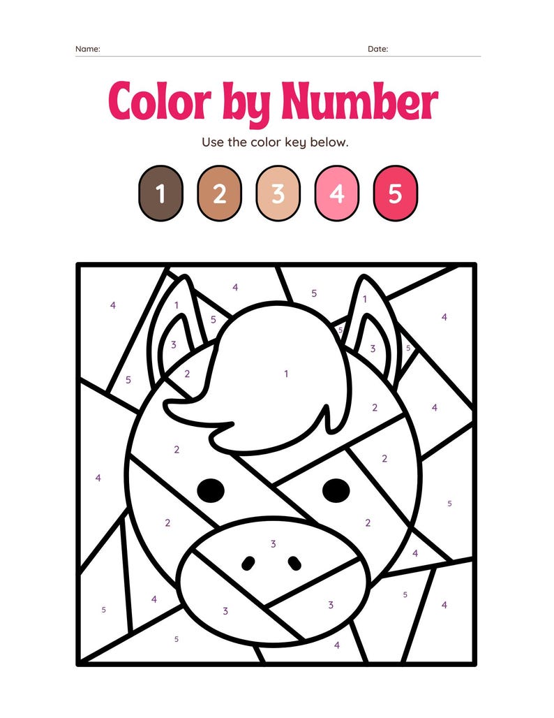 May include: Color by number activity featuring a black and white outline of a horse's head. The image is divided into sections, each labeled with a number from 1 to 5. A color key below the image shows five circles, each filled with a different color, corresponding to the numbers.