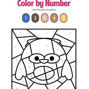 May include: Color by number activity featuring a cartoon owl with a black outline. The owl is divided into sections numbered 1 through 5. A color key with five circles numbered 1 through 5 is shown above the owl.