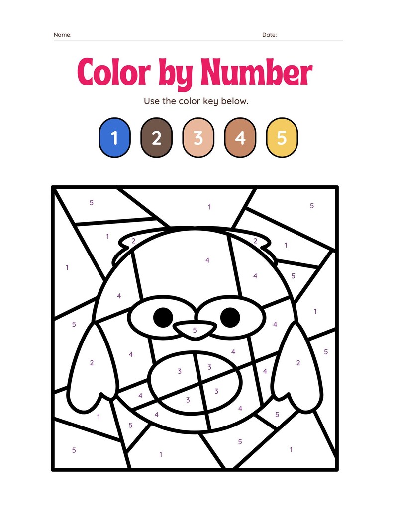 May include: Color by number activity featuring a cartoon owl with a black outline. The owl is divided into sections numbered 1 through 5. A color key with five circles numbered 1 through 5 is shown above the owl.