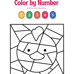 May include: Color by number activity featuring a black and white outline of a duck with a heart on its head. The image is divided into sections, each labeled with a number from 1 to 5. A color key is provided with five circles, each colored with a different color corresponding to the numbers.