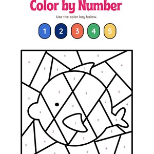 May include: Color by number activity featuring a black and white outline of a fish. The fish is divided into sections, each labeled with a number from 1 to 5. A color key is provided with five circles, each colored with a different color corresponding to the numbers.