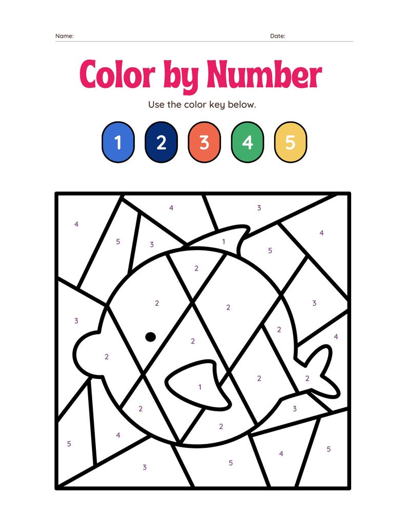 May include: Color by number activity featuring a black and white outline of a fish. The fish is divided into sections, each labeled with a number from 1 to 5. A color key is provided with five circles, each colored with a different color corresponding to the numbers.
