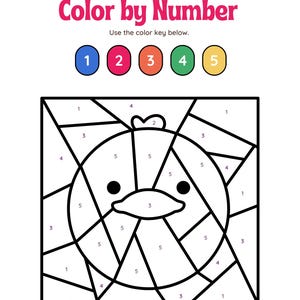 May include: A black and white line drawing of a duck with numbers inside each section of the drawing. The numbers correspond to a color key at the top of the page. The color key shows five circles, each with a different color: blue, red, orange, green, and yellow.