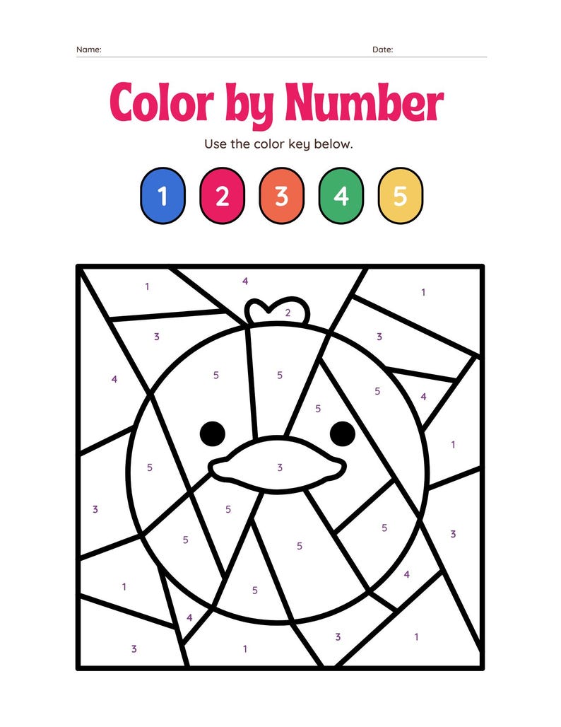 May include: A black and white line drawing of a duck with numbers inside each section of the drawing. The numbers correspond to a color key at the top of the page. The color key shows five circles, each with a different color: blue, red, orange, green, and yellow.