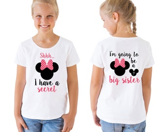 Shhh I Have A Secret I'm Going To Be A Big Sister T-Shirt for Girls, Minnie Mouse Design, Big Sister Shirt, Pregnancy Announcement, Gender