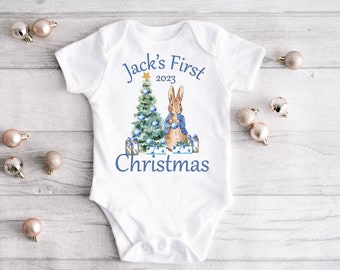 Personalised 1st Christmas Bodysuit, Custom Peter Rabbit Baby Bodysuit, Cute Bunny Bodysuit, Personalised Christmas Gift, First Christmas