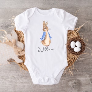 Personalised Name Bunny Bodysuit, Custom Peter Rabbit Baby Boy Bodysuit, Cute Easter Bunny Bodysuit, Personalised Easter Gift, 1st Easter image 1