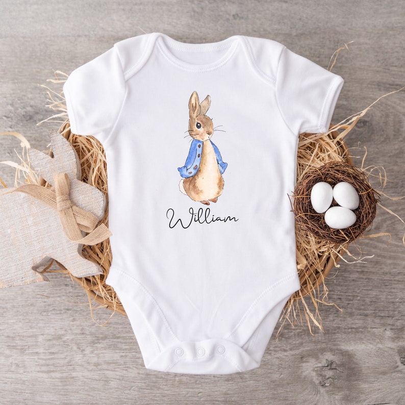 Personalised Name Bunny Bodysuit, Custom Peter Rabbit Baby Boy Bodysuit, Cute Easter Bunny Bodysuit, Personalised Easter Gift, 1st Easter image 1