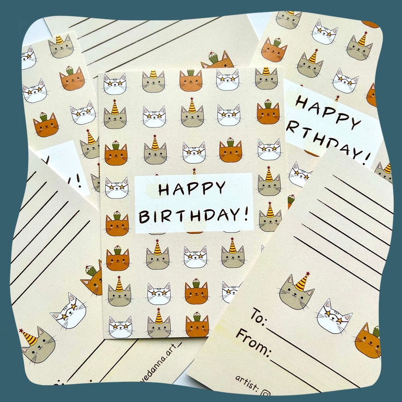 Happy Birthday Cat Pattern Printable Greeting Card,two Side Cute ...