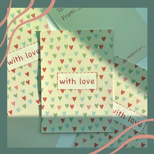 Tarjeta de felicitación de dos lados con patrón de corazón, tarjeta de inscripción linda con amor, tarjeta de felicitación encantadora y colorida, tarjeta de felicitación con diseño de patrón de amor