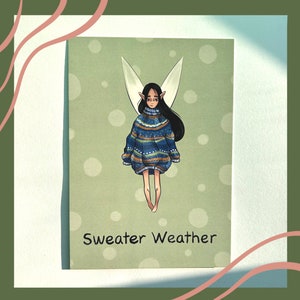 Winter niedliche Fee Grußkarte, gemütliche Fee Illustration Karte, Pullover Wetter Inschrift Grußkarte, schöne kleine Fee Illustration