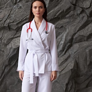 Сlassic scrub set of coat and pants doctors uniform scrub set for workers and nurses, cosmetology cloth for beautician